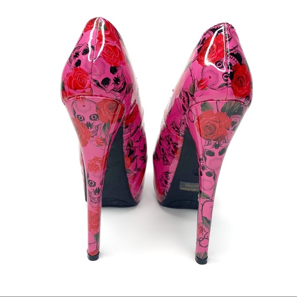 Ami Clubwear Skull & Roses Hot Pink Platform Heels - Picture 4 of 8
